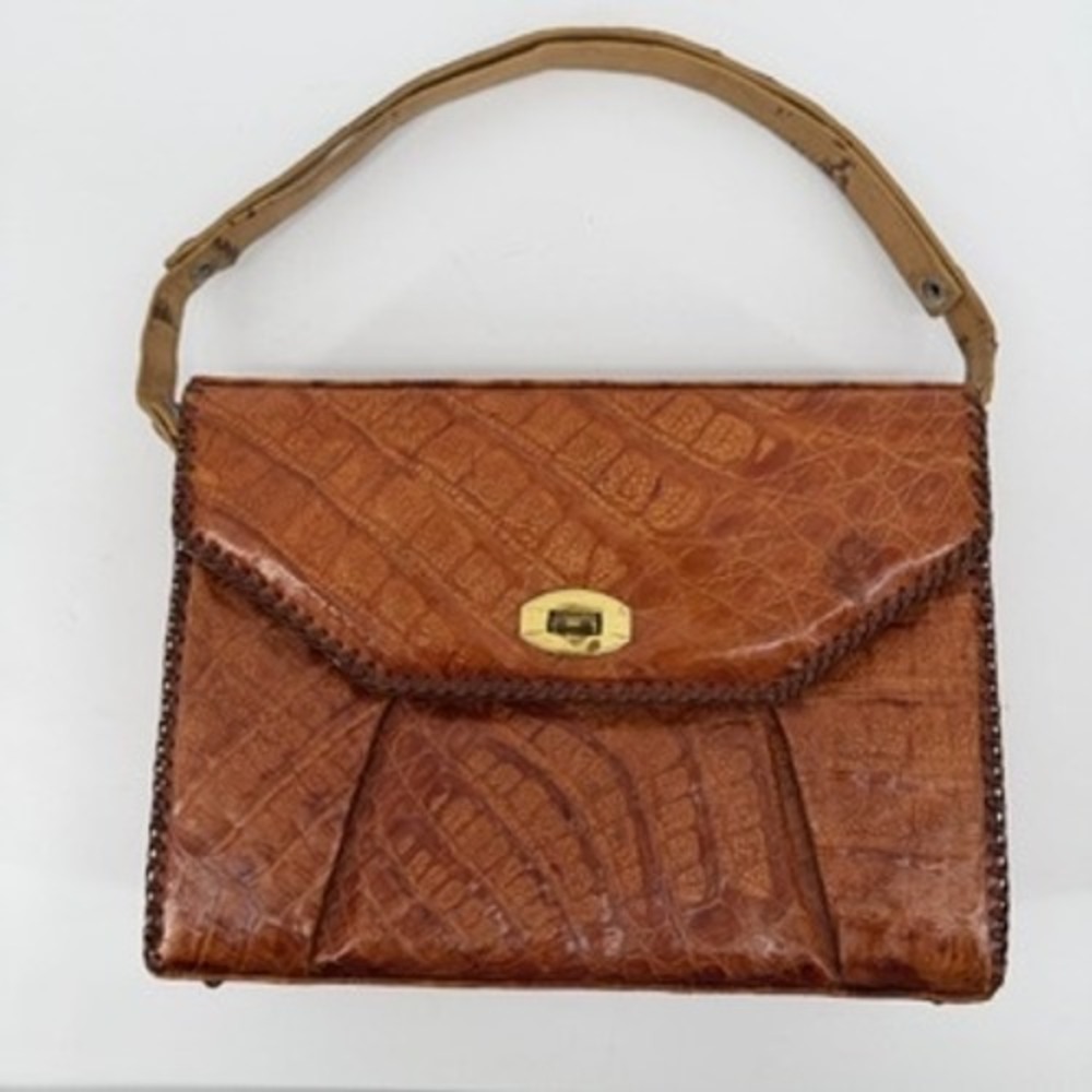 Vintage Genuine Alligator Skin Handbag Cognac Brown Red Lining Satchel Bag